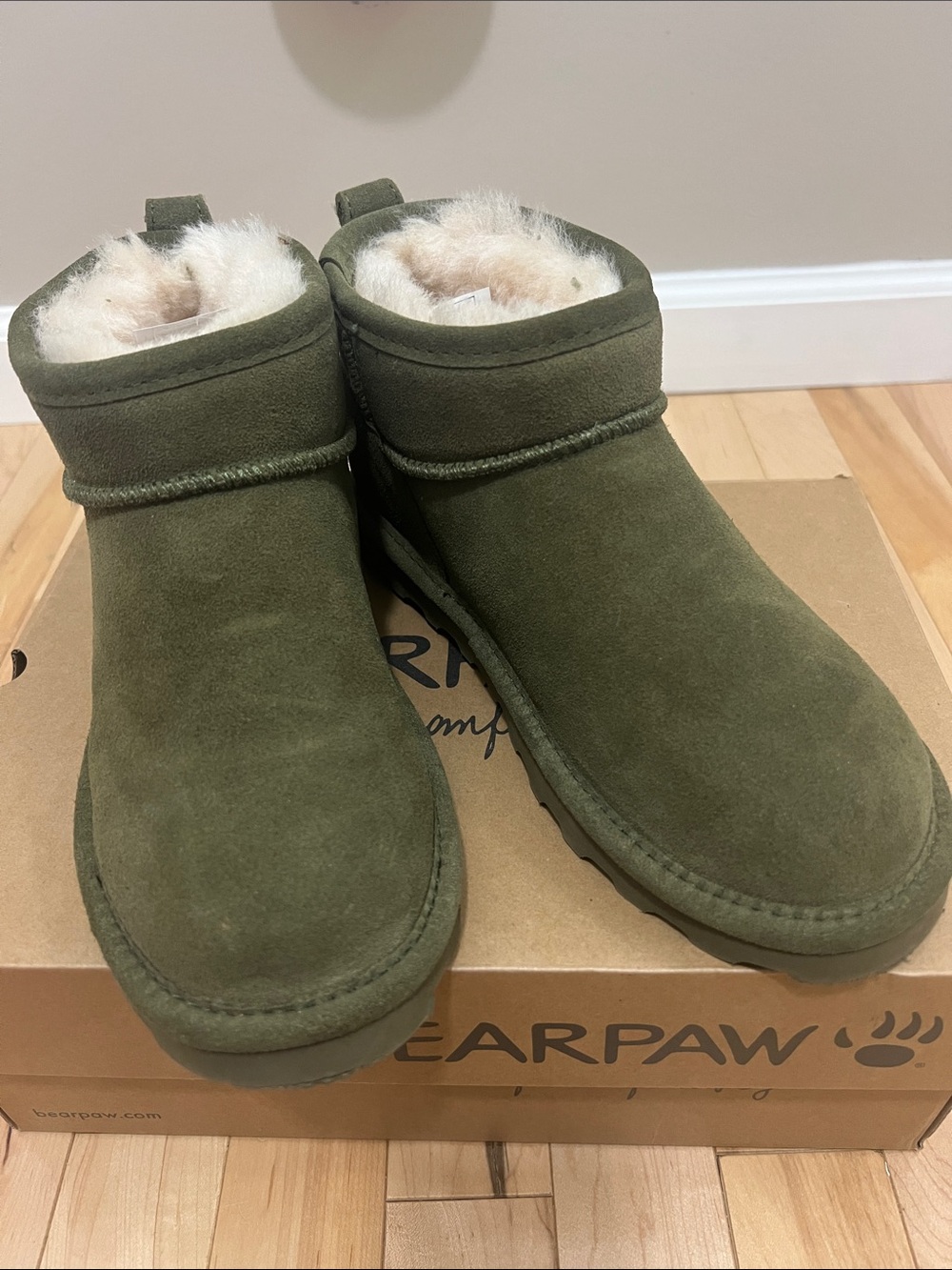 BearPaw Olive Suede Shearling Cuff Ankle Boots